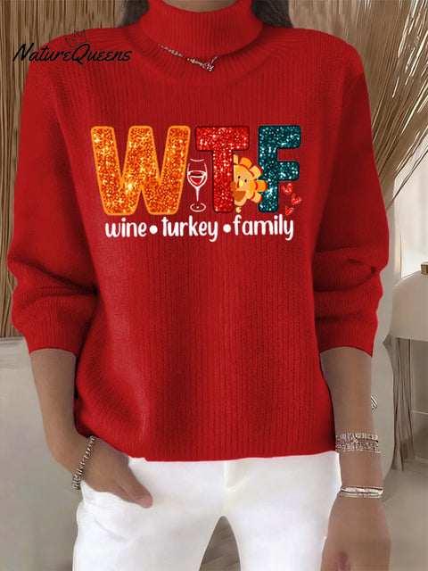 Women's Retro Wine Turkey Family Print Turtleneck Knit Top