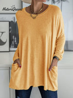 Casual Crew Neck With Pockets Loose Long Sleeve Blouse Orange / S