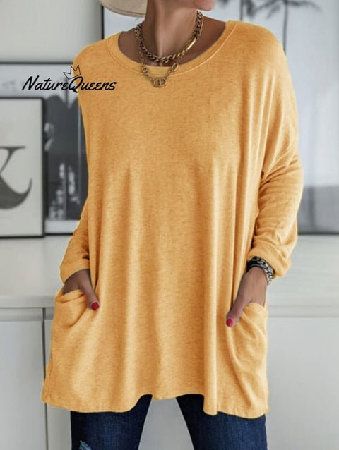 Casual Crew Neck With Pockets Loose Long Sleeve Blouse Orange / S
