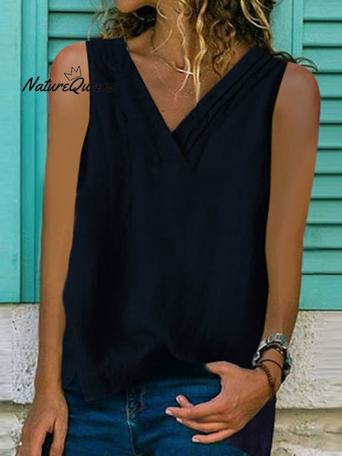 Women’s V - Neck Hem Split Sleeveless Shirt Black / S