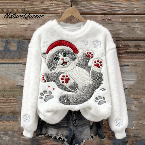 Christmas Cat In The Snow Embroidered Cozy Plush Sweatshirt