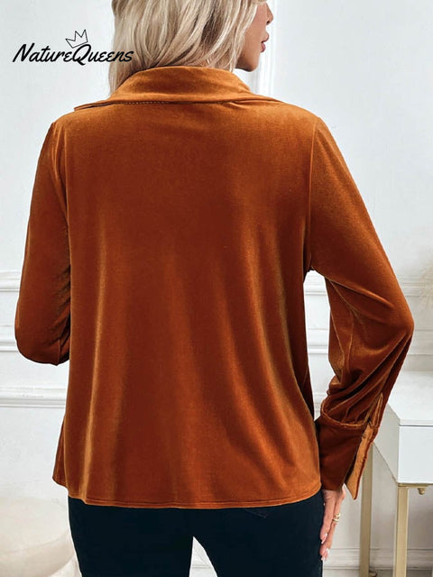 Women'S Casual Lapel Long-Sleeved Velvet Top