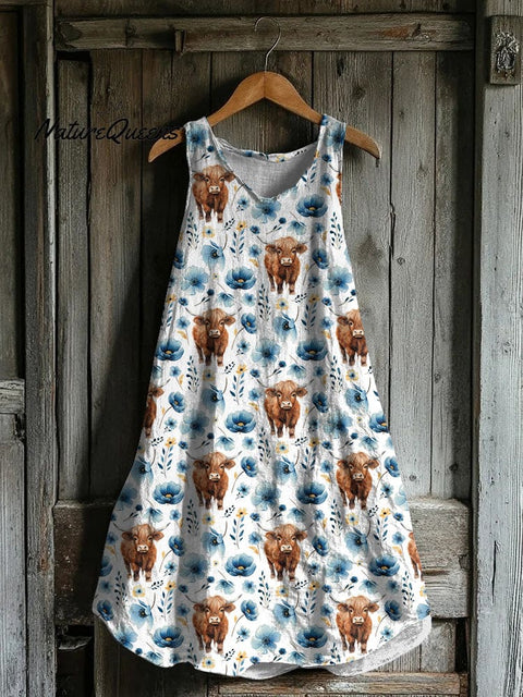 Highland Cow Floral Print Linen Tank Dress