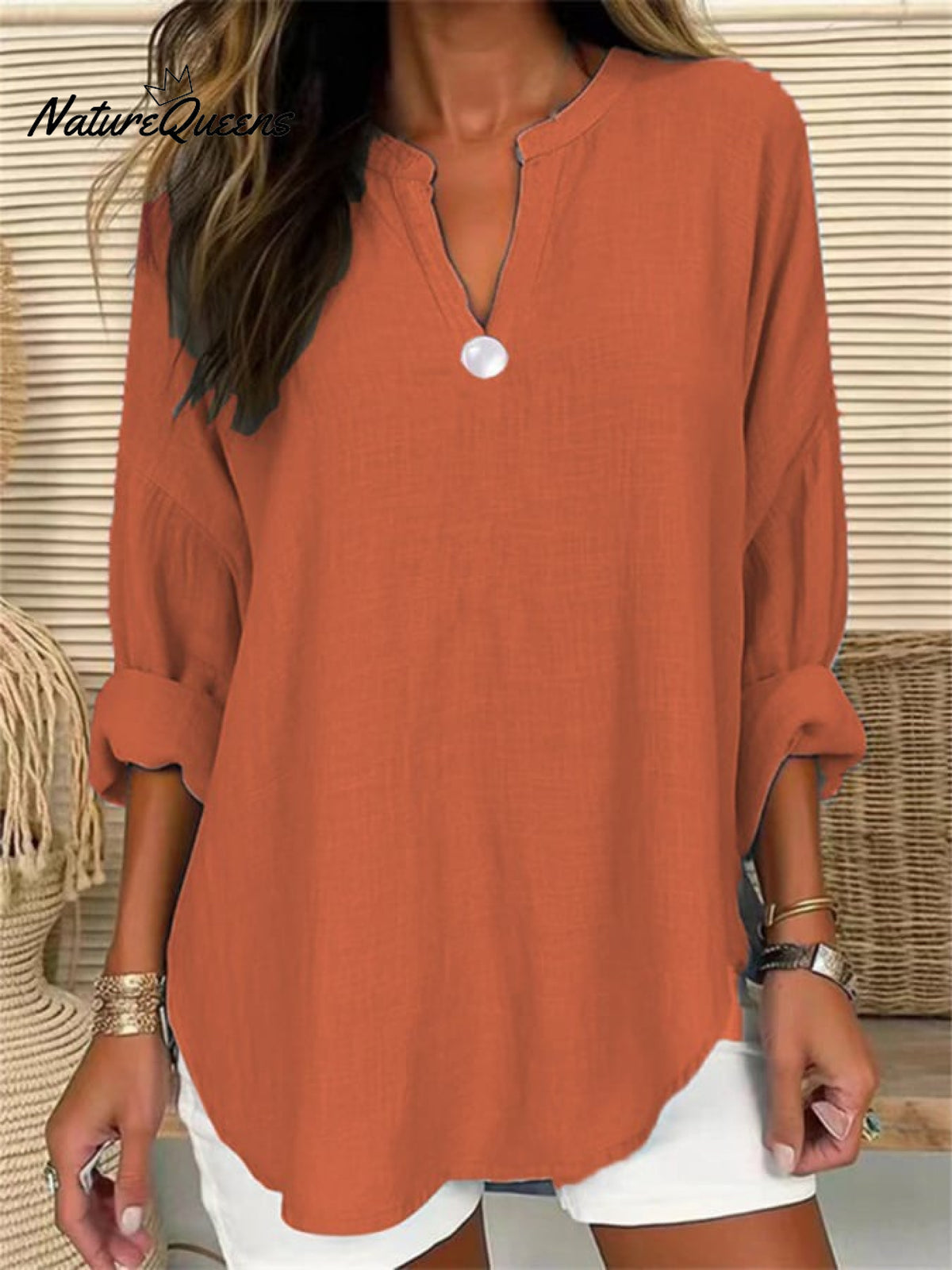 Women’s Retro Casual V - Neck Solid Color One - Button Top Pumpkin Orange / S