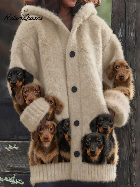 Lovely Dachshund Dogs Cozy Knit Hooded Cardigan