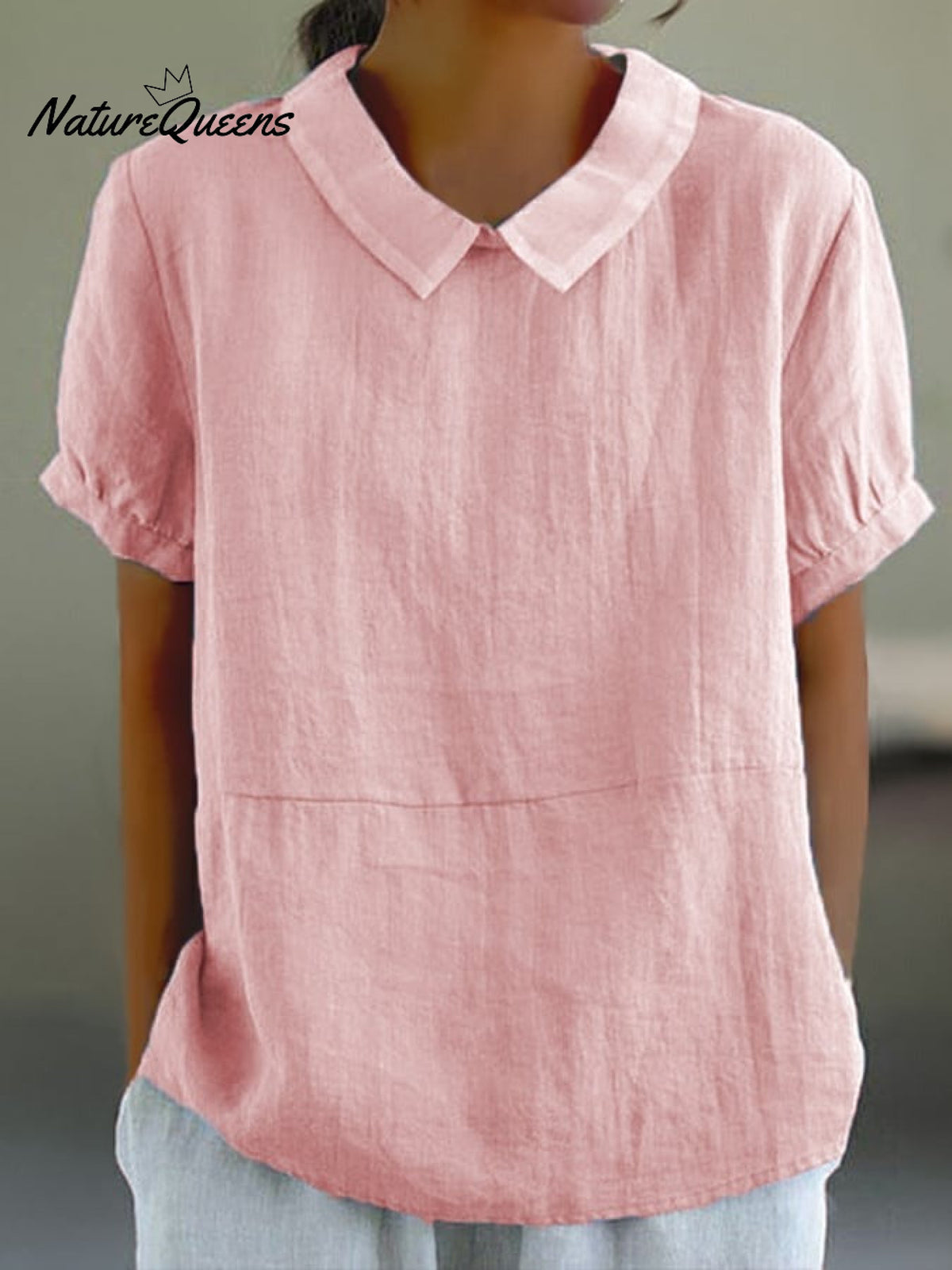 Blue Plain Short Sleeve Round Neck Top Pink / S