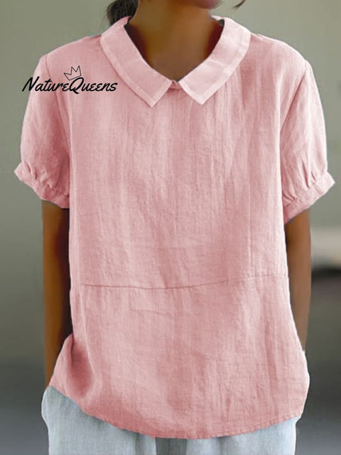 Blue Plain Short Sleeve Round Neck Top Pink / S