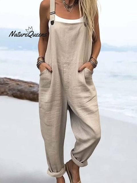 Women'S Casual Solid Color Cotton And Linen Overalls