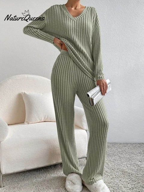 Women'S Casual Round Neck Stitching Contrast Color Sweatshirt Pants Two-Piece Set