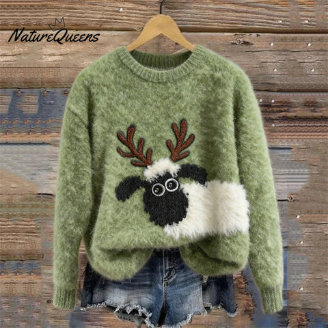 Christmas Farm Sheep With Reindeer Horns Cozy Sweater