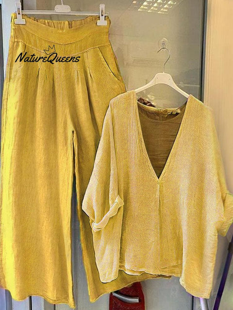 V Neck Top And Solid Color Trousers Set