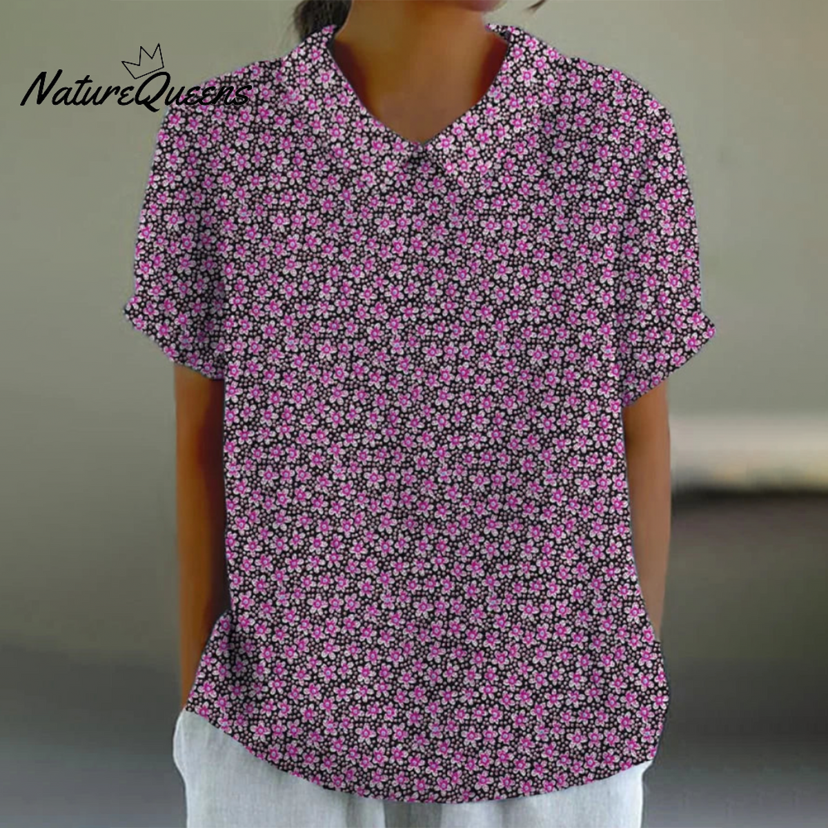 Purple Floral Print Short Sleeve Top / S