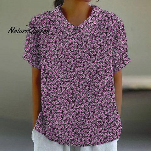 Purple Floral Print Short Sleeve Top / S