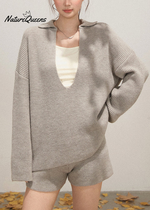 Light Grey Knit Cozy Two Pieces Set Deep-V Neck Fall