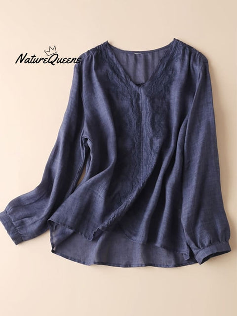 Cotton And Linen  Loose V-neck Embroidered Long Sleeve Shirt