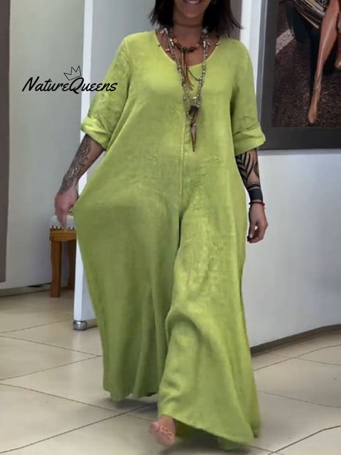 Women's Casual Solid Color V-Neck Mid-Sleeve Cotton and Linen Jumpsuit