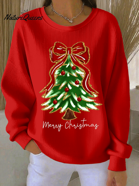 Women's Christmas Tree Print Knitted Crew Neck Long Sleeve Top