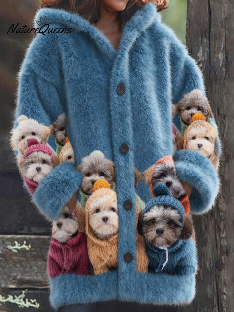 Women's Cute Dog Pattern Cozy Hooded Sweater Cardigan