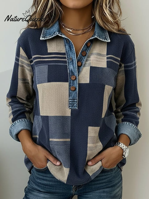 Women's Casual Contrast Color Long-Sleeve Shirt