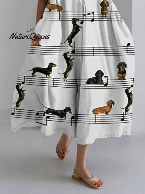 Women's Cute Dachshund Short Sleeve Linen Blend Midi Dress