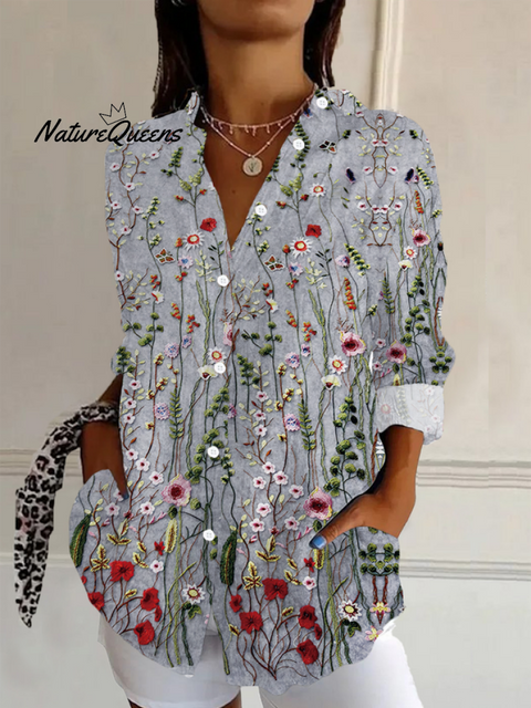 Women's Floral Long Sleeve Shirt Spring/Fall Buckle Shirt Collar Daily Casual Top