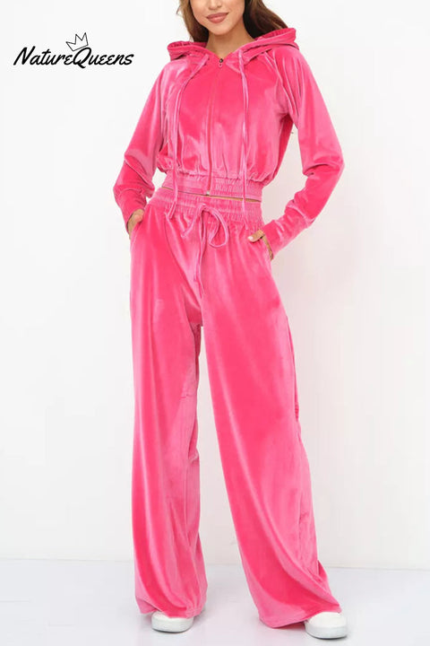 Solid Color Velvet Hooded Zip-up Sweatshirt and Elastic Waist Casual Pocket Straight-leg Pants Set