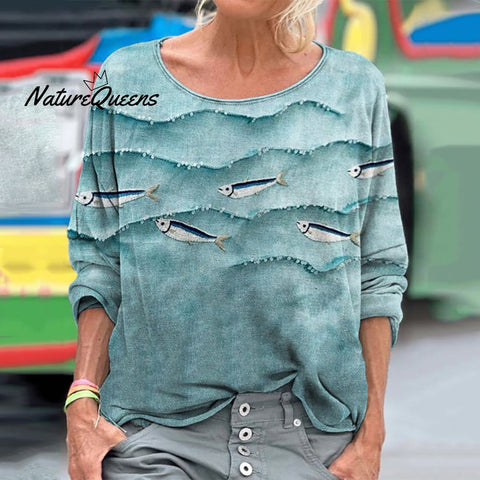 Fish & Sea Waves Sequin Embroidered T Shirt