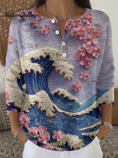 Women's Floral Sea Wave Japanese Art Print Casual Shirt
