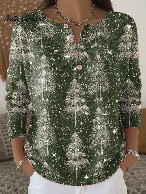 Christmas Green Tree Pattern Print Henley Neck Sparkling Sequin Sweater