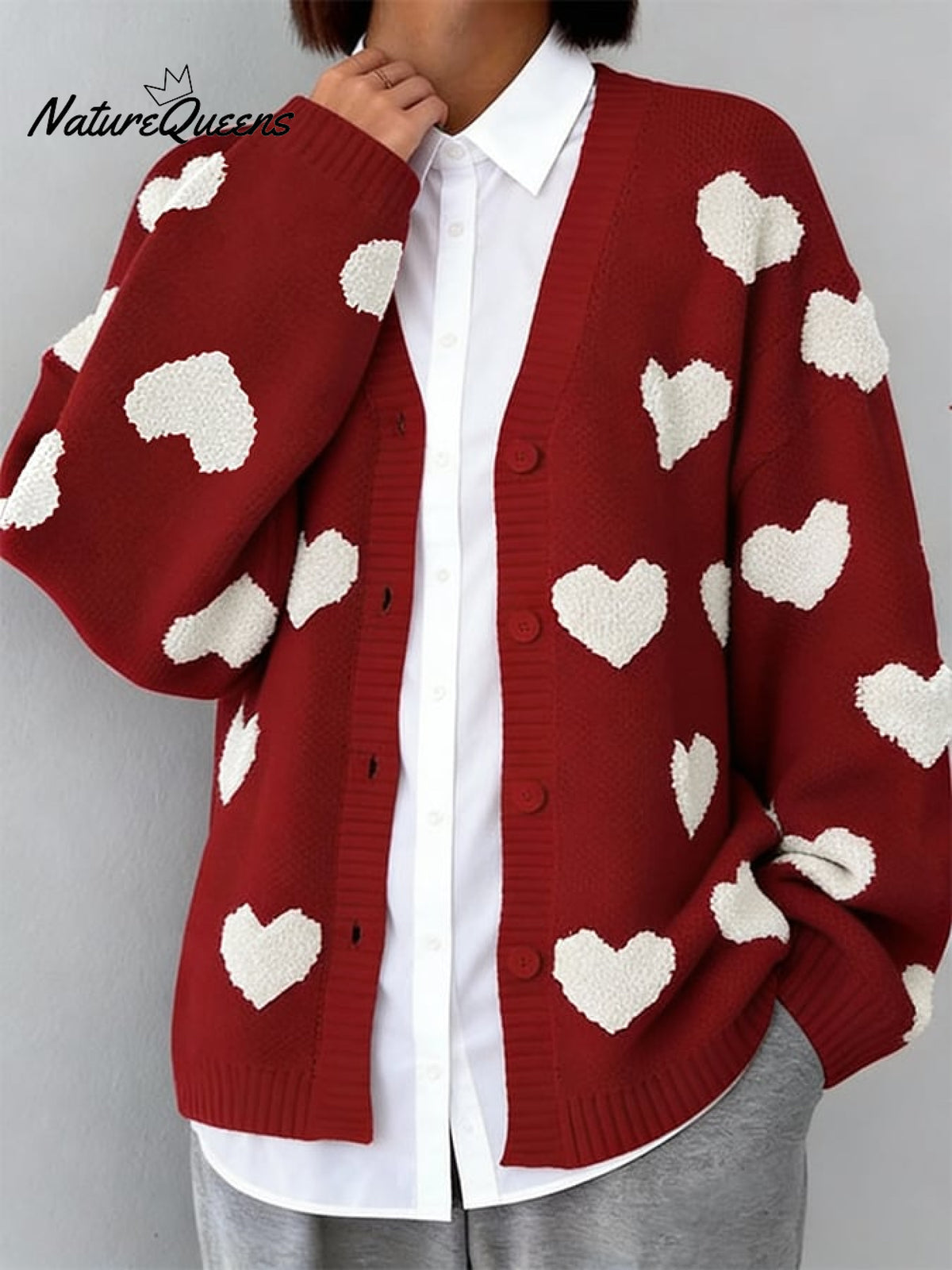 Women's Valentine's Day Heart-Patterned Knitted Cardigan