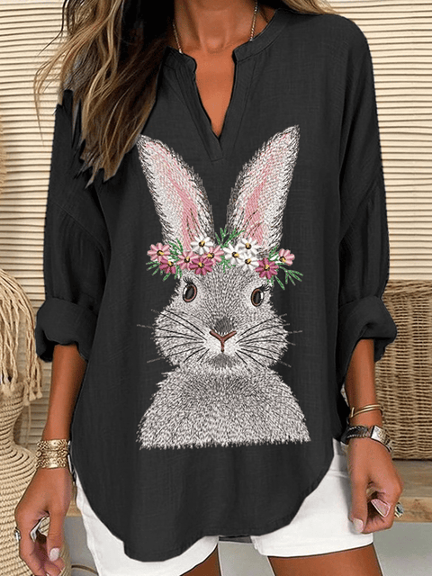 Women's Easter Cute Bunny Print Casual Long Sleeve V-Neck Shirt