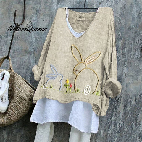 Women's Cute Bunny Embroidered Print Linen Blend Shirt