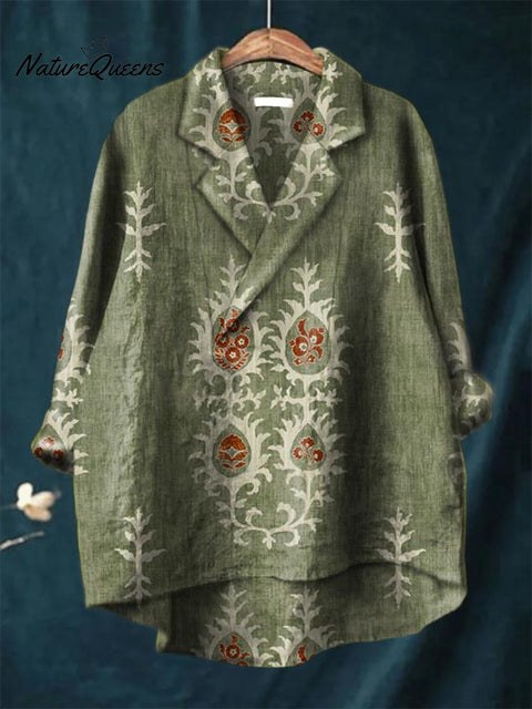 Women's Printed Casual Cotton and Linen Long Sleeve Shirt