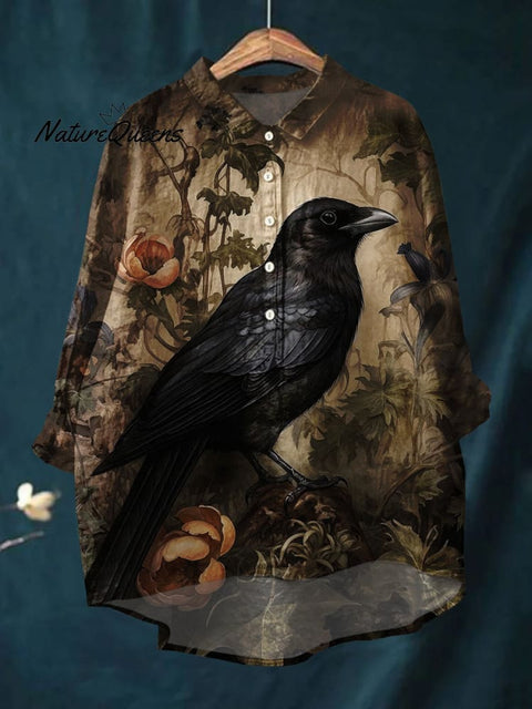 Women's Raven Art Print Cotton and Linen Top