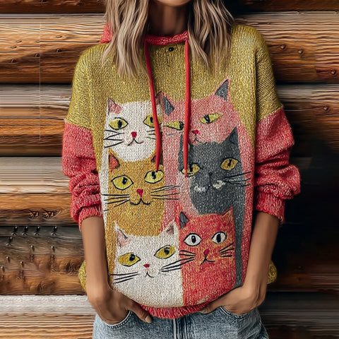 Women's Funny Cat Embroidery Round-neck Sweater