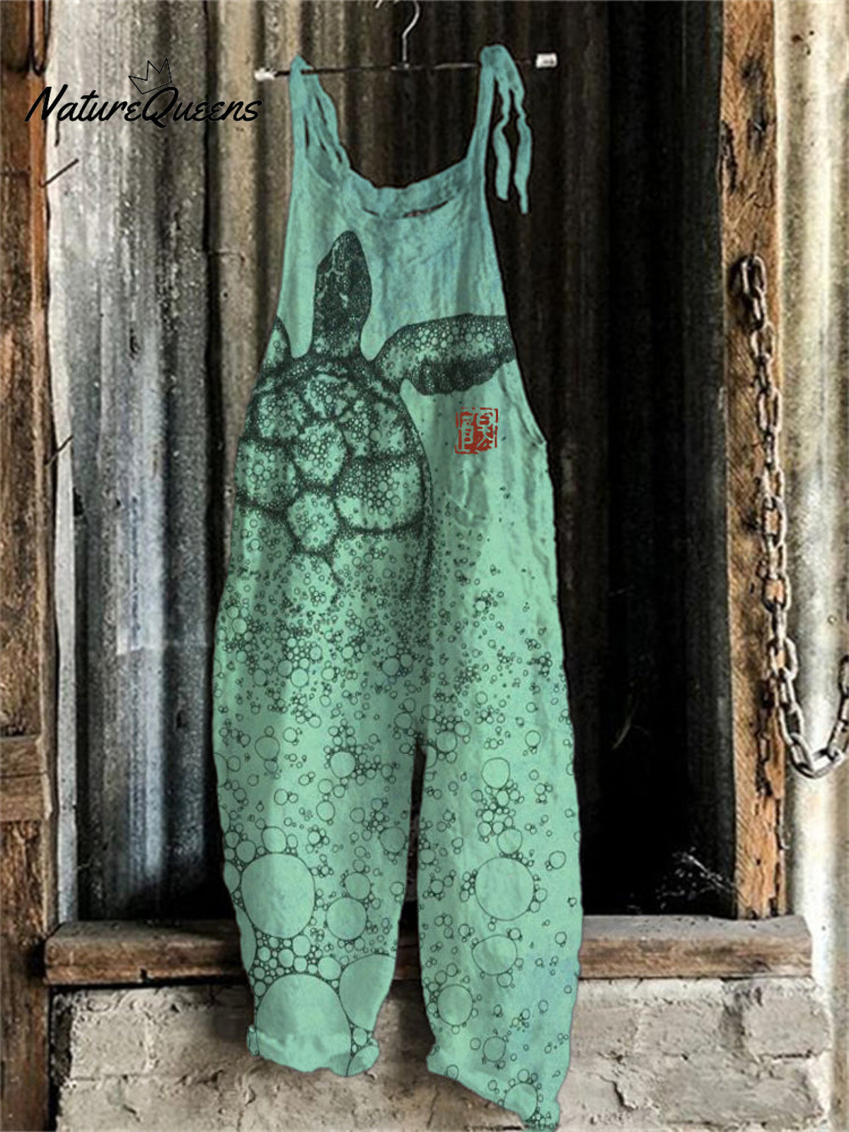 Sea Turtle Japanese Lino Art Linen Blend Jumpsuit