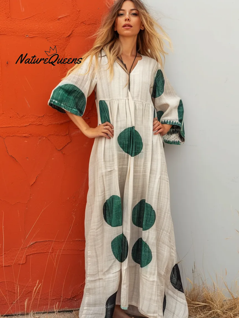 Linen Printed Kaftan Maxi Dress