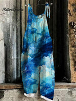 Summer Blue Clouds Art Linen Blend Loose Casual Jumpsuit