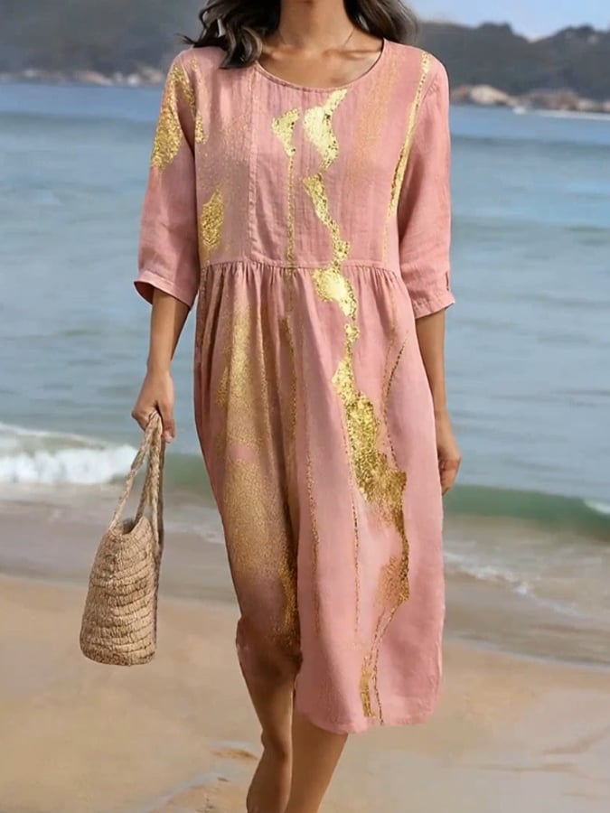 Women's CasualRound Neck Mid Sleeve Print Cotton and Linen Dress