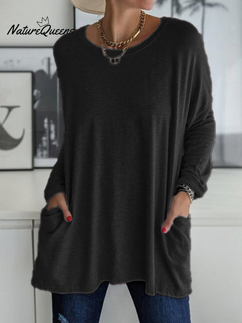 Solid Pocket Round Neck Long Sleeve T Shirt