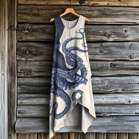 Women's Japanese Octopus Art Print Irregular Midi Dress