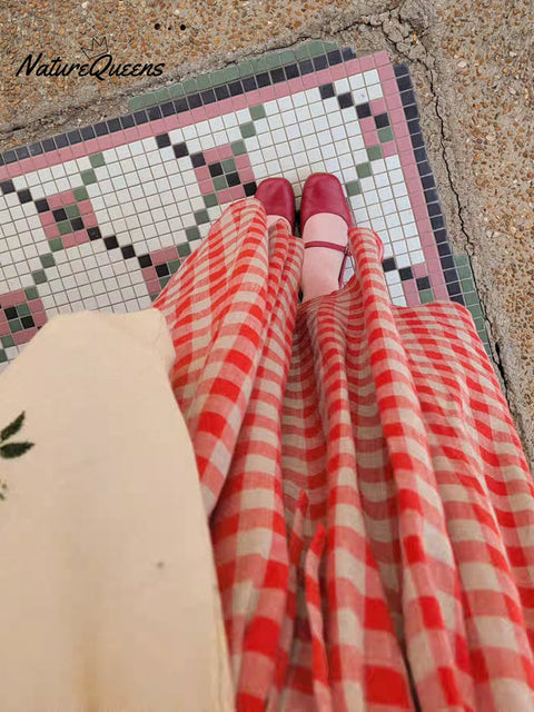 Women's Retro Loose Plaid Waist Drawstring Linen Dress