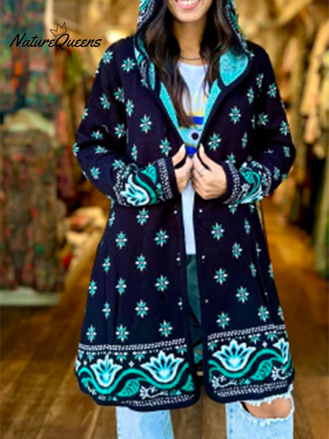 Retro Snow Mountain Totem Print Knitted Hooded Cardigan