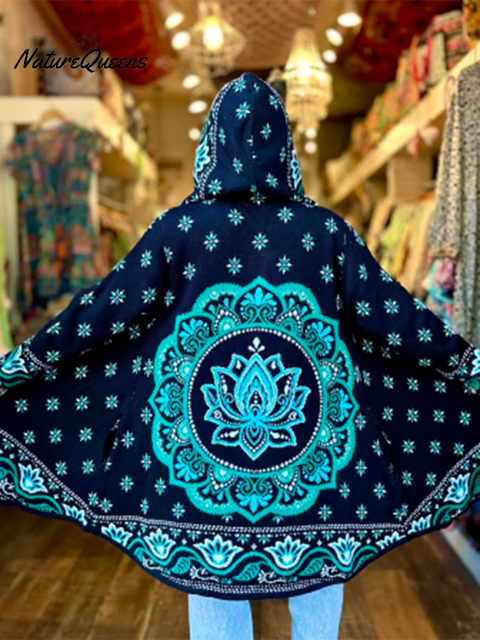 Retro Snow Mountain Totem Print Knitted Hooded Cardigan