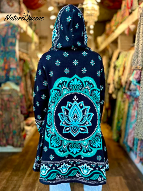 Retro Snow Mountain Totem Print Knitted Hooded Cardigan