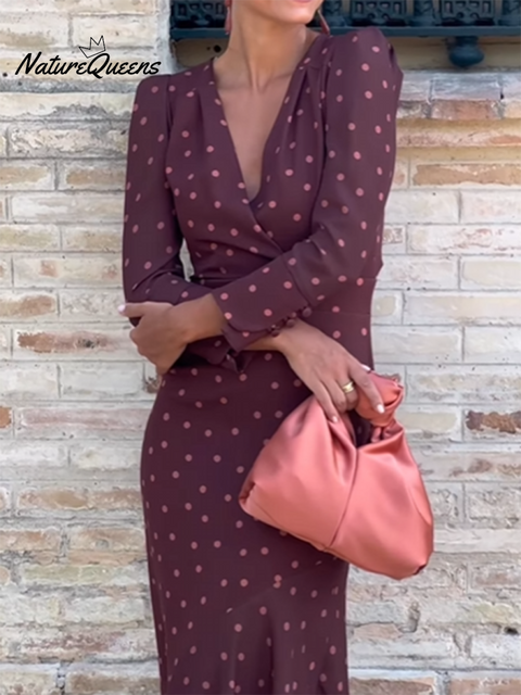 Retro Elegant V-neck Polka Dot Print Midi Dress
