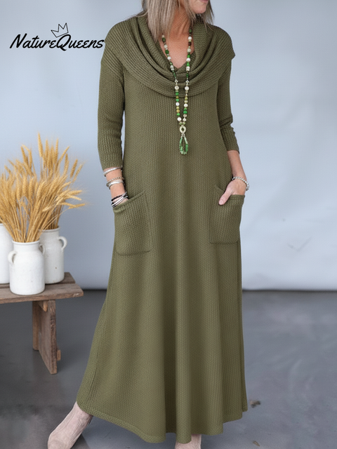 Elegant Cowl Neck Solid Color A-line Pocket Knit Maxi Dress