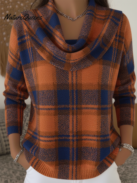 Maple Leaf Orange and Blue Plaid Cowl Neck Sweater Top