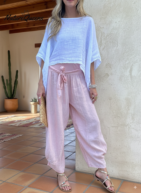 Women's Loose Irregular Hem Top and Trousers Linen Suit