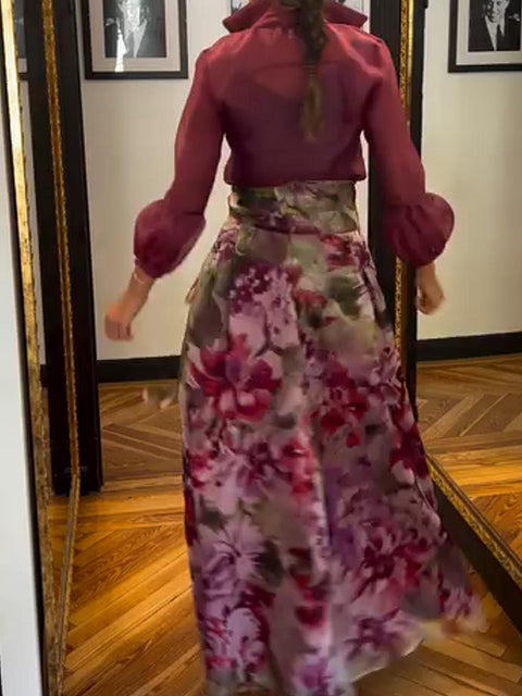 Elegant Lantern Sleeve Top and Floral Skirt Two-Piece Set
